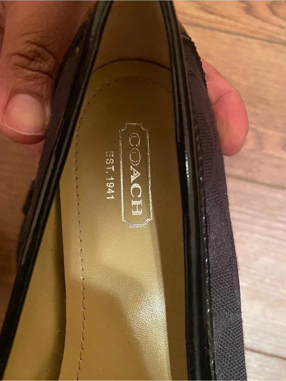 Coach Eloise Signature Black Logo Print Patent Trim Loafers Silver Buckle